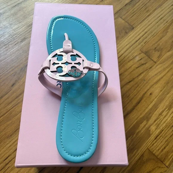 Tory Burch x BonBon Miller Patent Leather Pink and Blue Sandals Cotton Candy 10